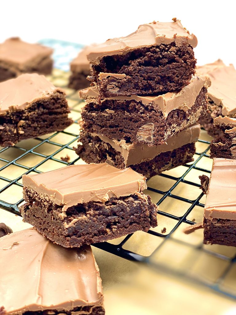 Bites of Chocolate Peanut Butter Brownies on a Tray
