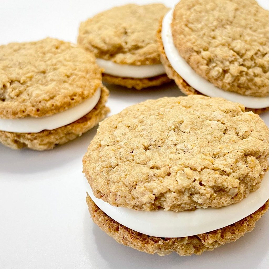 Oatmeal Whoopie Pie Cookies Laid Down on Surface