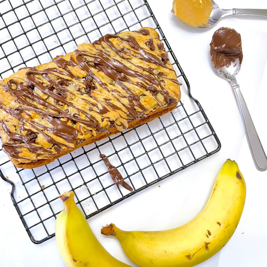 Chocolate Chip Peanut Butter Banana Bread With Two Bananas