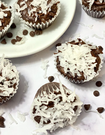 Fudge Brownie cupcakes topped with flakes and Choco chips