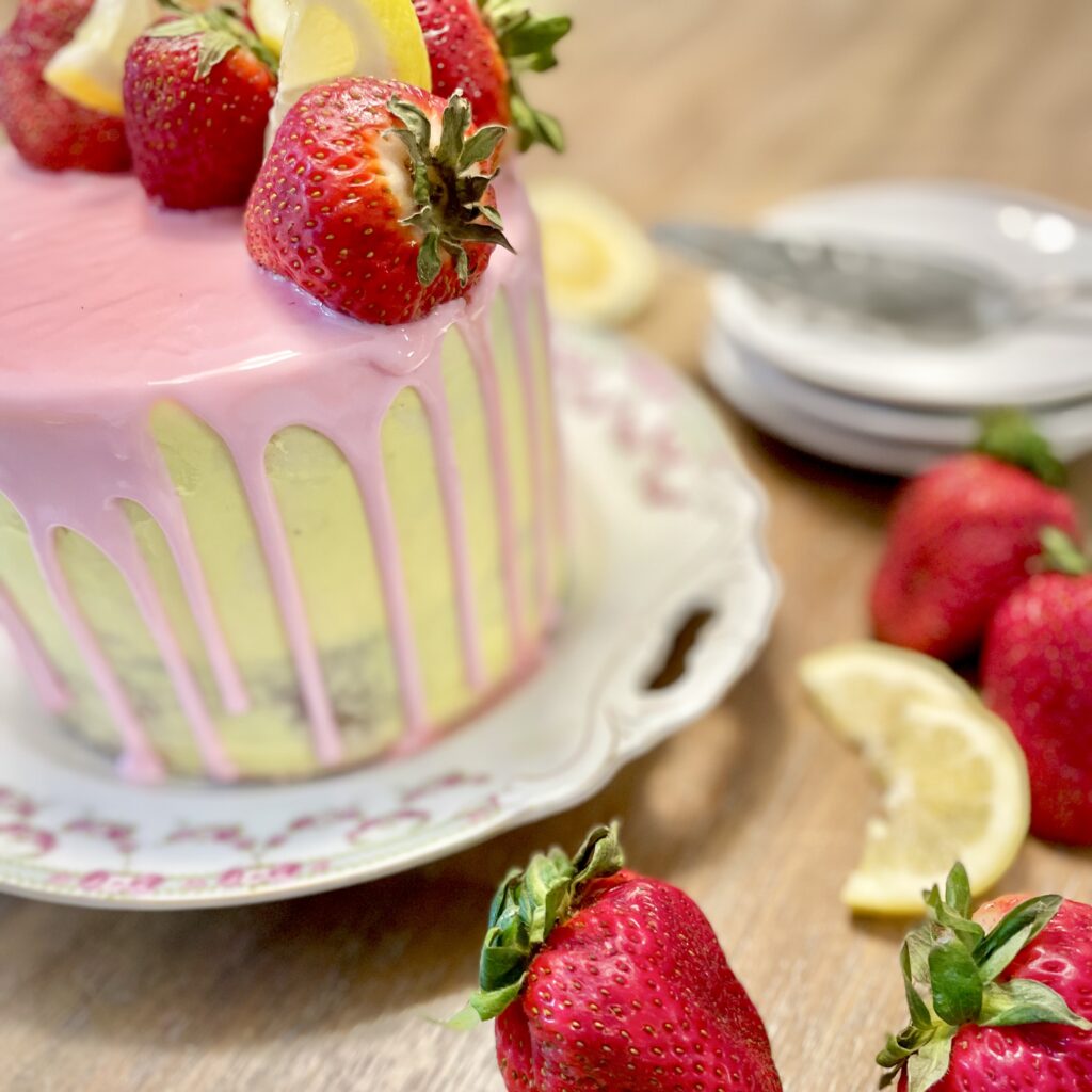 Lemon Strawberry Cake With Strawberry Icing Drizzle