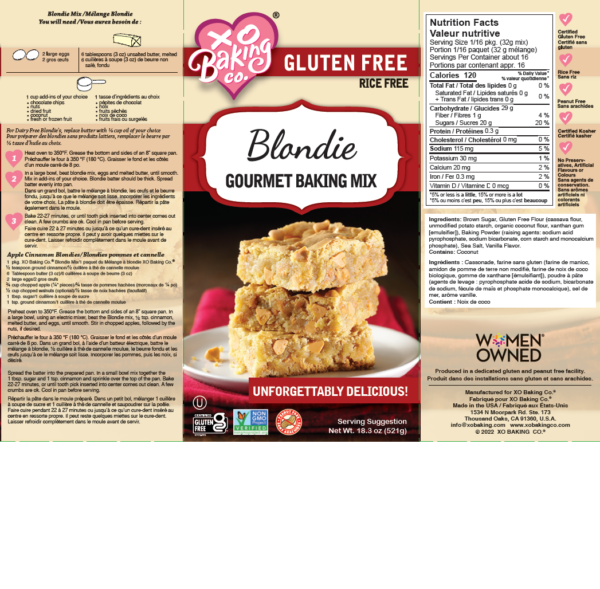 Packaging of the XO Baking Co Blondie Mix