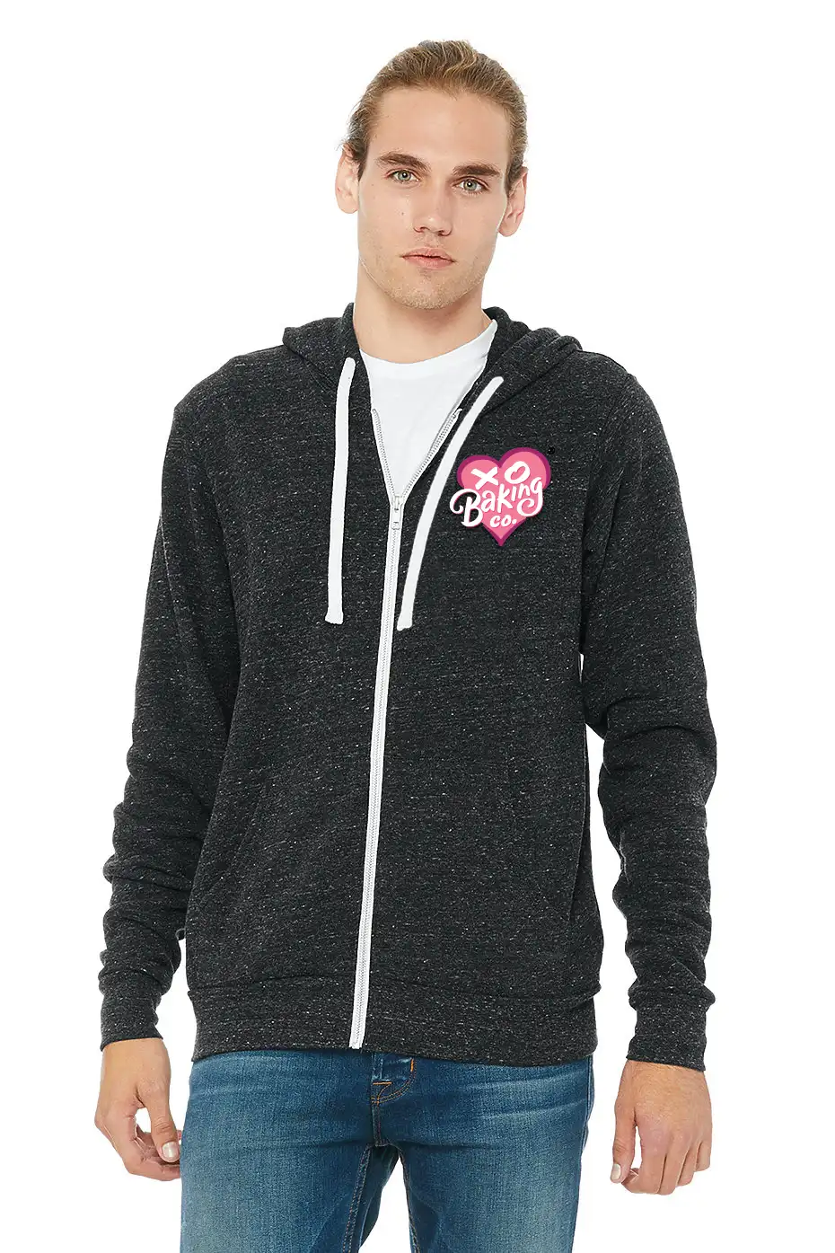 XO Baking Co. Unisex Tri-Blend Sponge Fleece Full Zip Hoodie Front