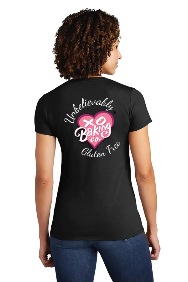 women's black tshirt back xo baking company